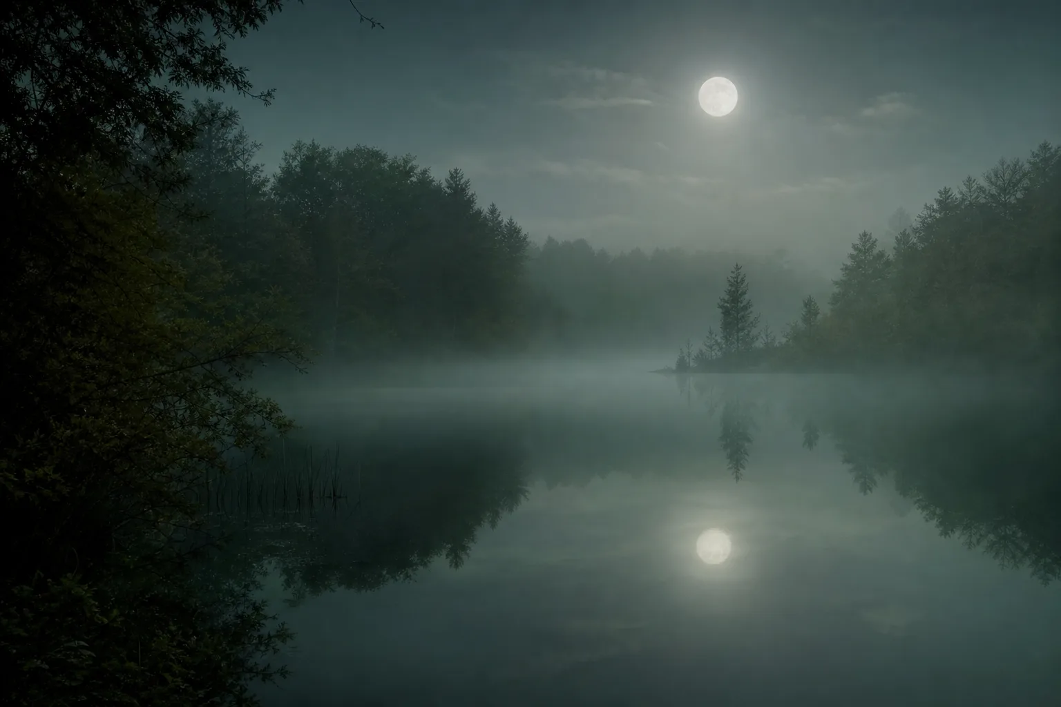 Spokojna mglista noc nad taflą wody, leczenie bezsenności w Tychach